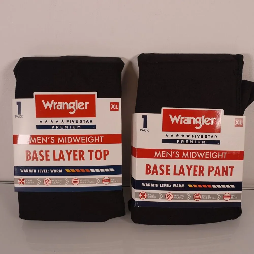 Lot of 2 Mens Wrangler Midweight Base Layer Pants Size XL Black Warm Warmth New